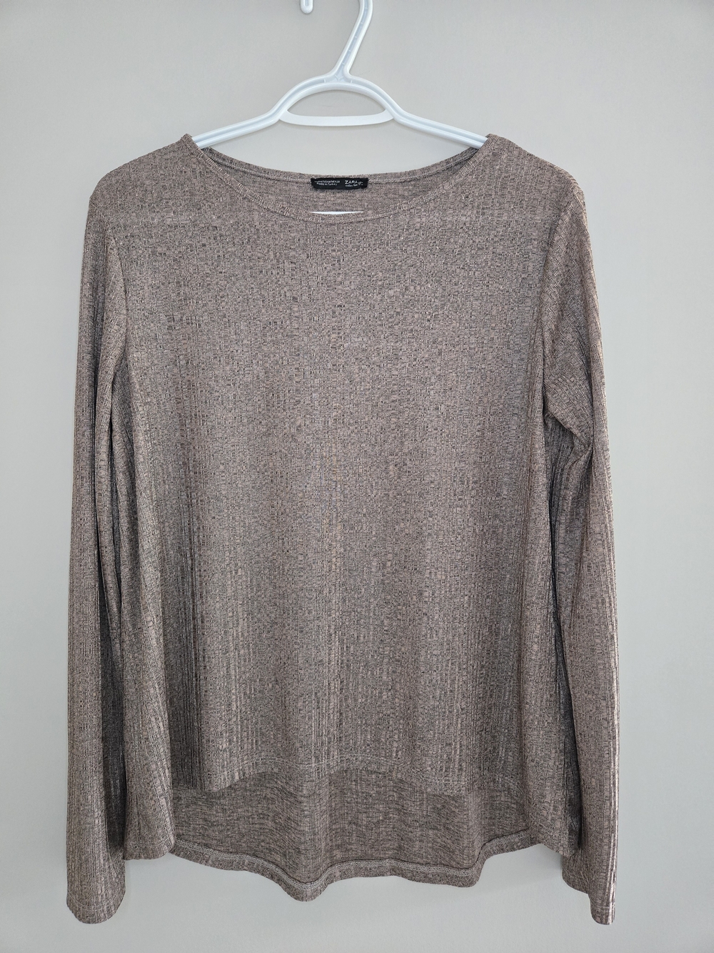 Zara Metallic Rose Shimmer Ribbed Long Sleeve Top - High Low Hem, New